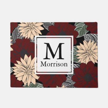 Bold Modern Red Tan Floral Blooms Monogrammed Doormat by GrudaHomeDecor at Zazzle