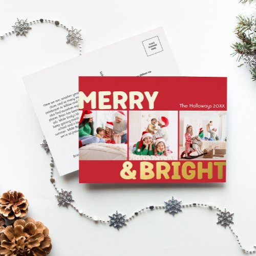 Bold Modern Red Three Photo Merry and Bright Gold Foil Holiday Postcard