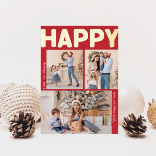 Bold Modern Red Vertical 3 photo Happy Gold Foil Holiday Card