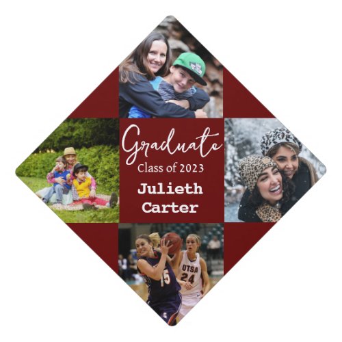 Bold Modern Red Wine  Personalized Photo Name Graduation Cap Topper