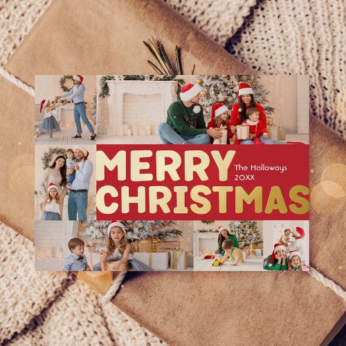 Bold Modern Red Year In Review 6 Photo Merry Gold Foil Holiday Postcard