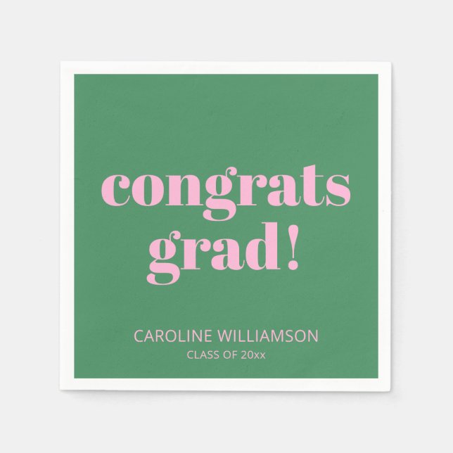 Bold Modern Retro Pink Green Graduation Party Name Napkins (Front)