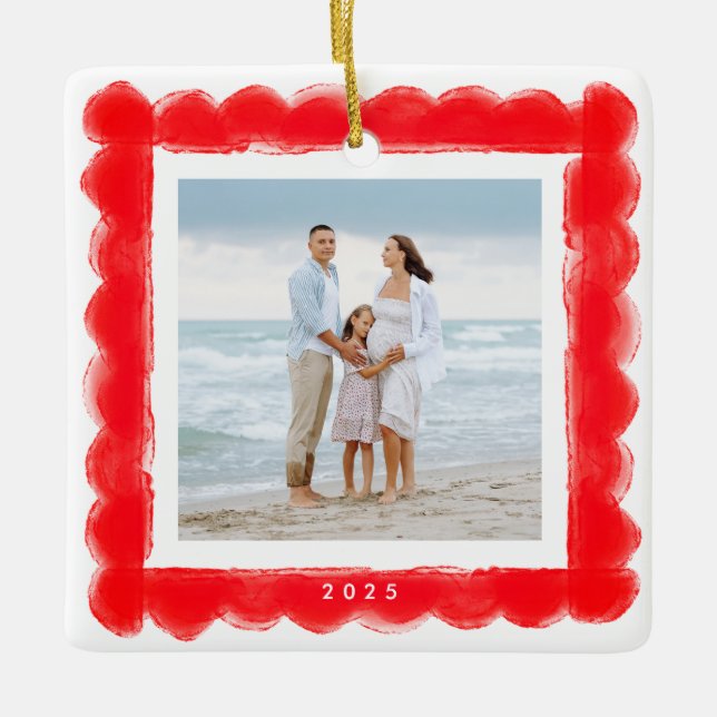 bold modern retro red frame photo square christmas ceramic ornament (Front)