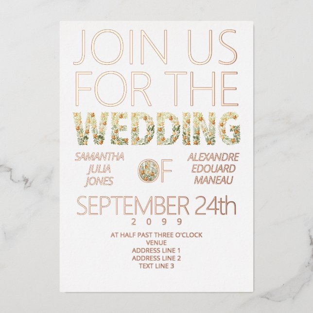 Bold Modern Rustic Boho Floral Greenery Wedding Foil Invitation (Front)