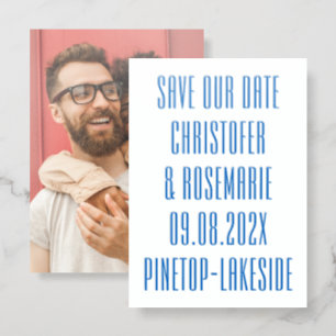 Bold Modern Save The date Blue Wedding Letterpress Photo Cards