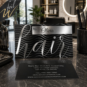 Bold Modern Silver Waves on Black Foil Business Cards
