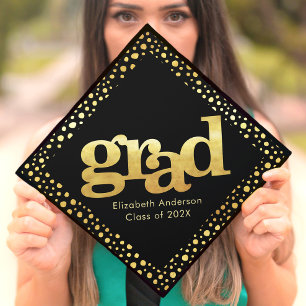 Bold modern simple girly gold typography on black graduation cap topper