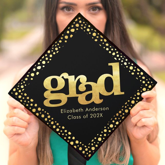 Bold modern simple girly gold typography on black graduation cap topper (Creator Uploaded)