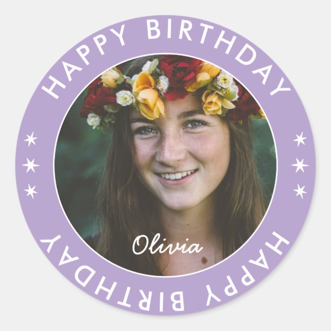 Bold Modern Simple Lavender Happy Birthday Photo Classic Round Sticker (Front)