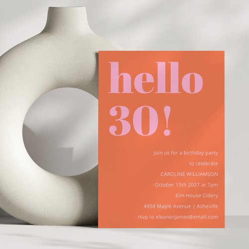 Bold Modern Simple Orange Pink 30th Birthday Party Invitation