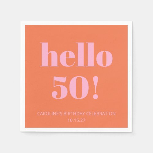 Bold Modern Simple Orange Pink 50th Birthday Party Napkins