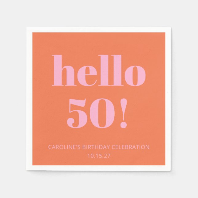 Bold Modern Simple Orange Pink 50th Birthday Party Napkins (Front)