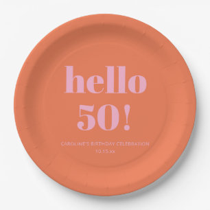 Bold Modern Simple Orange Pink 50th Birthday Party Paper Plates