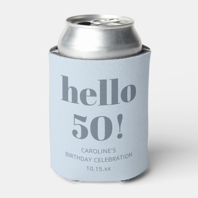 Bold Modern Simple Soft Blue 50th Birthday Party Can Cooler (Can Front)