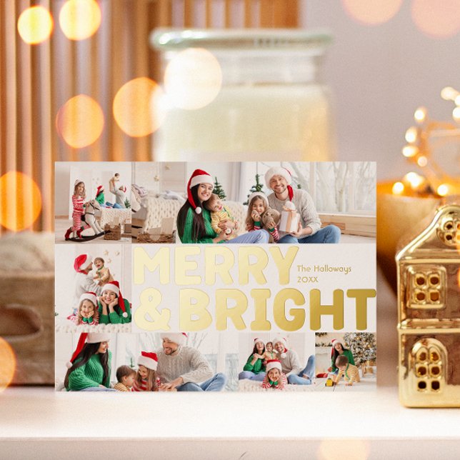 Bold Modern Six-Photo Merry and Bright Gold Foil Holiday Card (Creator Uploaded)