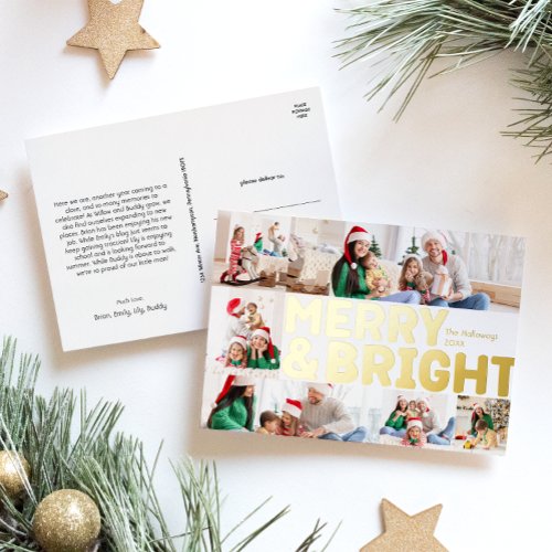 Bold Modern Six_Photo Merry and Bright Gold  Foil Holiday Postcard