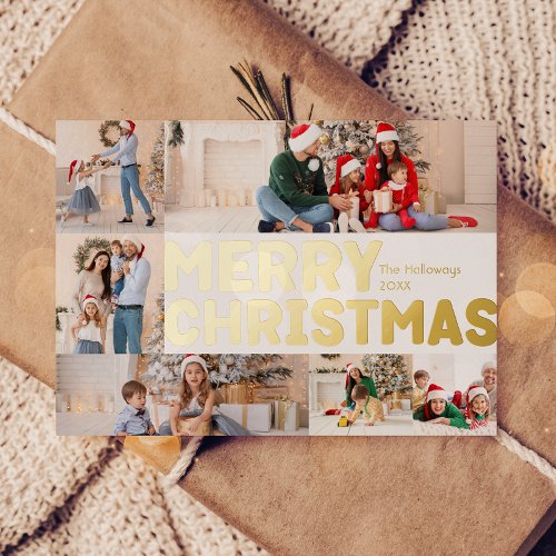 Bold Modern Six_Photo Merry Christmas Gold Foil Holiday Card