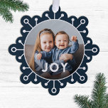 Bold Modern Snowflake Joy Photo Christmas Ornament Card<br><div class="desc">Send unique holiday greetings with these fun photo Christmas cards that double as ornaments or large gift tags! They feature a simple snowflake design, modern typography reading JOY, and a circle shaped photo template over a dark navy blue background. A dark gradient over the bottom of your photo allows the...</div>