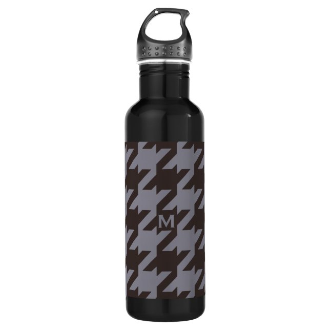 Bold modern steel grey houndstooth monogram stainless steel water bottle (Front)