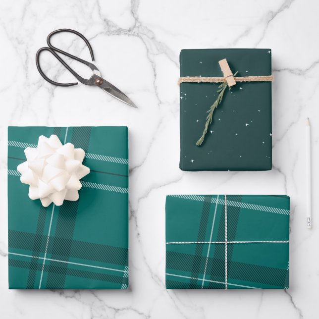 Bold modern teal plaid holiday wrapping paper sheets (Front)