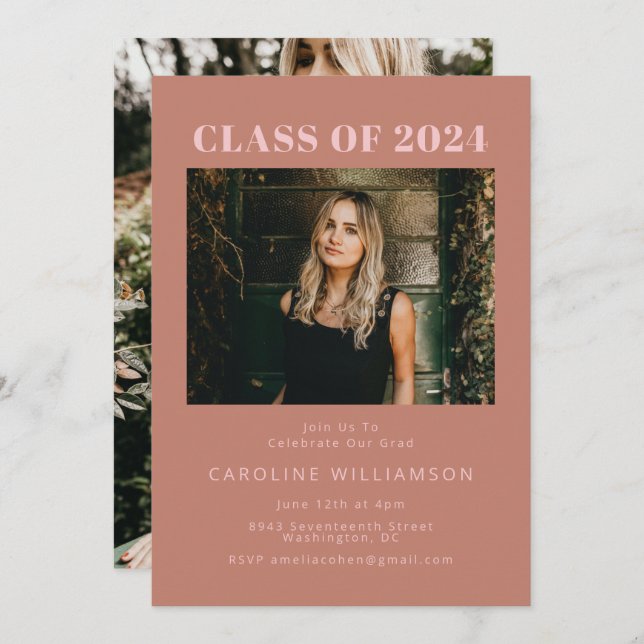 Bold Modern Terracotta Two Photo Graduation Party Invitation (Front/Back)