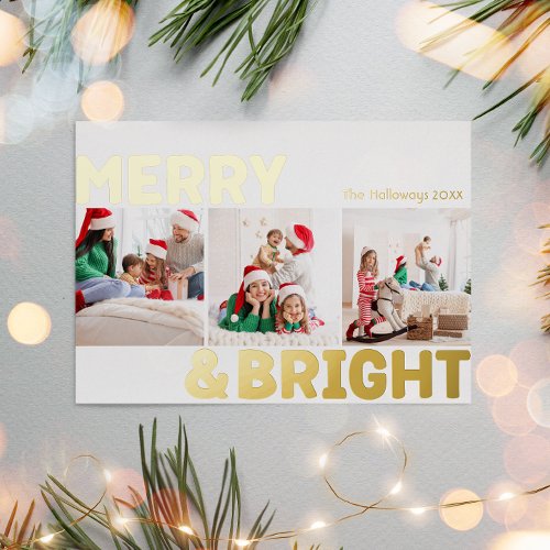 Bold Modern Three photo Merry and Bright Gold Foil Holiday Card