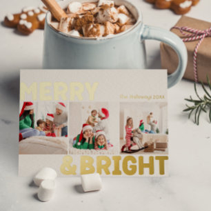 Bold Modern Three Photo Merry and Bright Gold Foil Holiday Postcard
