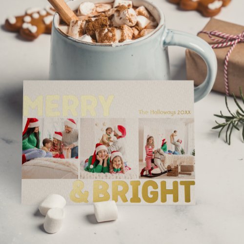 Bold Modern Three Photo Merry and Bright Gold Foil Holiday Postcard