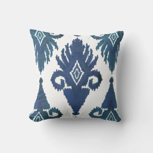 Bold Modern Tribal IKAT Peacock Royal Blue Navy Throw Pillow (Front)