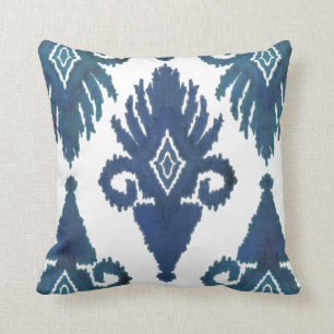 Bold Modern Tribal IKAT Peacock Royal Blue Navy Throw Pillow