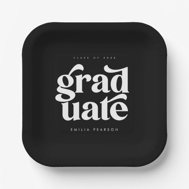 Bold Modern Type Black Graduation Party Paper Plates (Front)