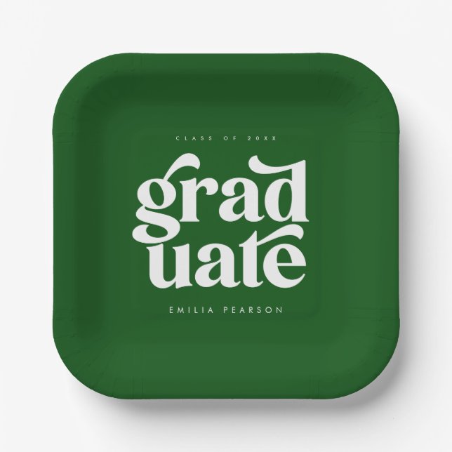 Bold Modern Type Green Graduation Party Paper Plates (Front)