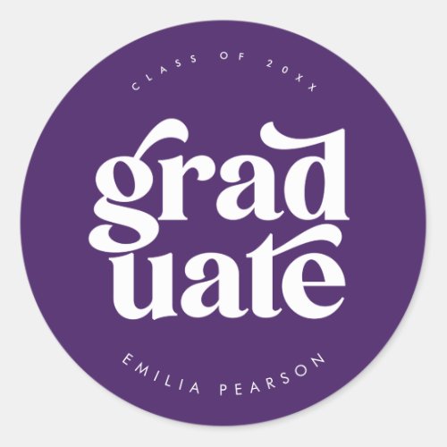 Bold Modern Type Purple Graduation Classic Round Sticker