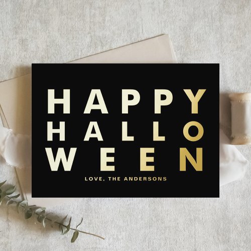 Bold Modern Typography Black Happy Halloween Foil Holiday Postcard