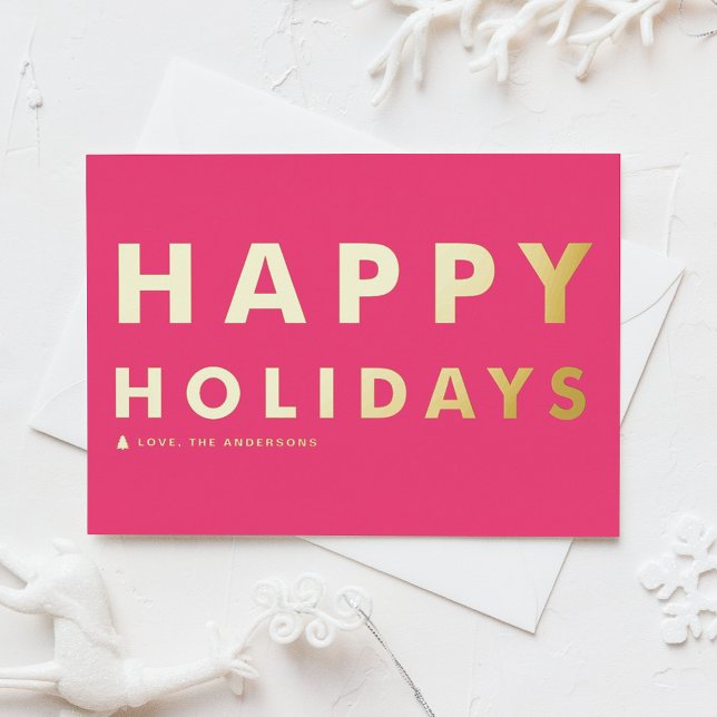 Bold Modern Typography Hot Pink Happy Holidays Foil Holiday Postcard (Creator Uploaded)