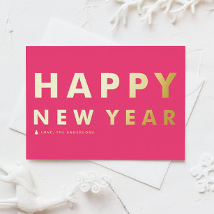 Bold Modern Typography Hot Pink Happy New Year Foil Holiday Card