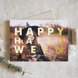 Bold Modern Typography Photo Happy Halloween Foil Holiday Card