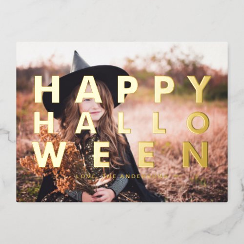 Bold Modern Typography Photo Happy Halloween Foil Holiday Postcard