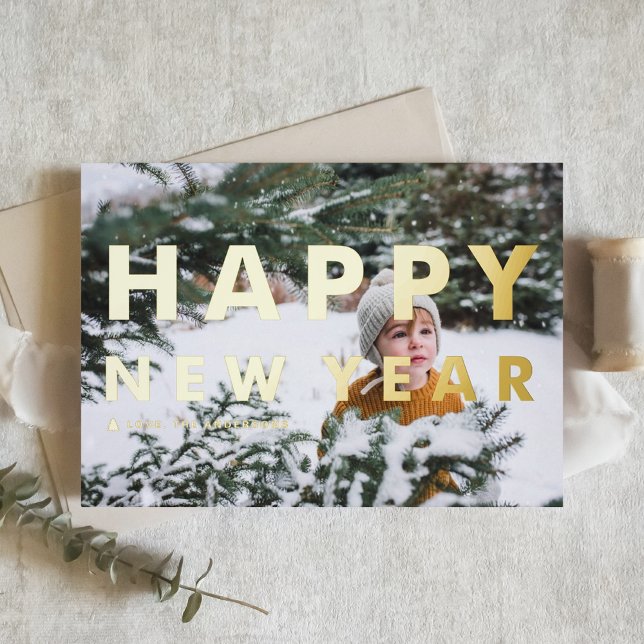 Bold Modern Typography Photo Happy New Year Foil Greeting Card (Creator Uploaded)