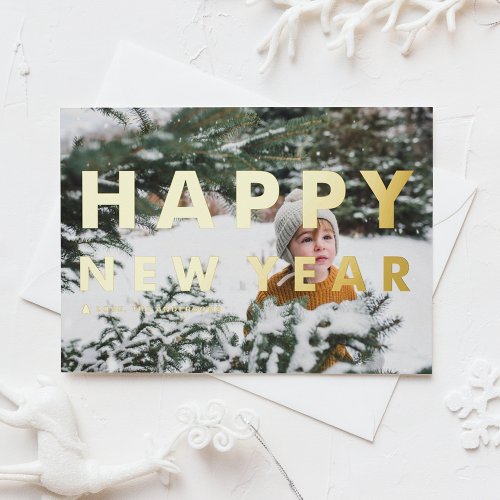 Bold Modern Typography Photo Happy New Year Foil Holiday Postcard