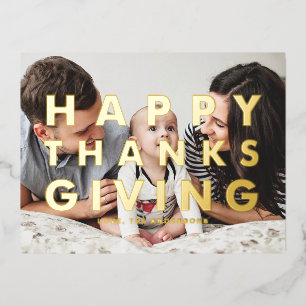 Bold Modern Typography Photo Happy Thanksgiving Foil Holiday Postcard