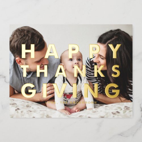 Bold Modern Typography Photo Happy Thanksgiving Foil Holiday Postcard