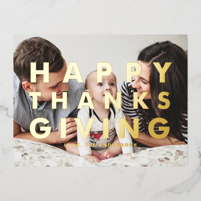 Bold Modern Typography Photo Happy Thanksgiving Foil Holiday Postcard (Front)