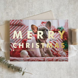 Bold Modern Typography Photo Merry Christmas Foil Greeting Card