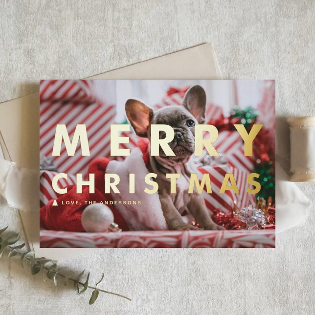Bold Modern Typography Photo Merry Christmas Foil Holiday Card (Creator Uploaded)
