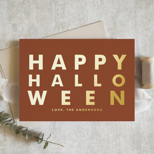 Bold Modern Typography Terracotta Happy Halloween Foil Holiday Card (Creator Uploaded)