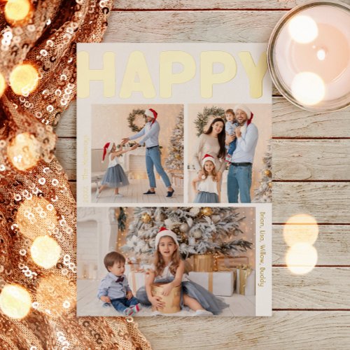 Bold Modern Vertical 3 photo Happy Gold Foil Holiday Card
