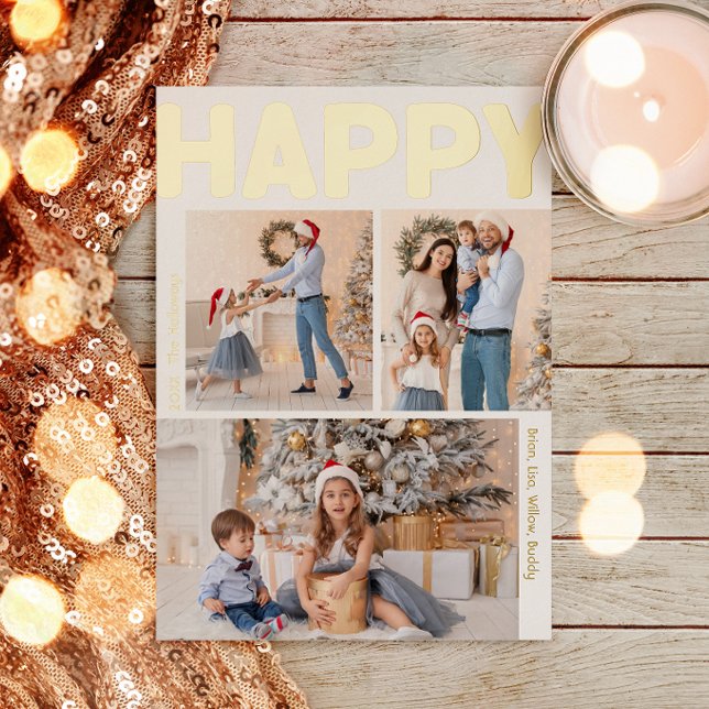 Bold Modern Vertical 3 photo Happy Gold Foil Holiday Card (Creator Uploaded)