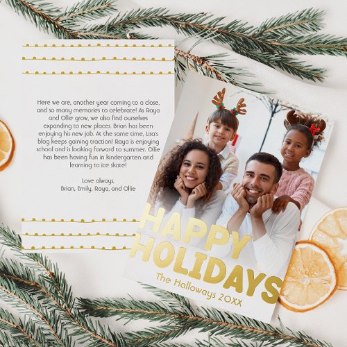 Bold Modern Vertical Full Photo Happy Gold Foil Holiday Card