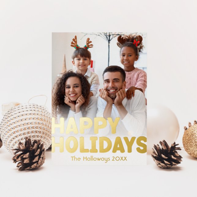 Bold Modern Vertical Full Photo Happy Gold Foil Holiday Postcard (Creator Uploaded)